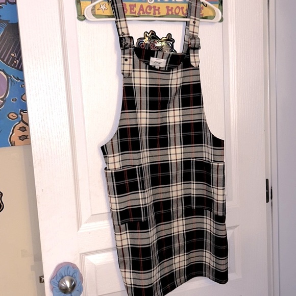 PLAID WHITE RED BLACK GREY OVERALL MIDI DRESS - Picture 2 of 10